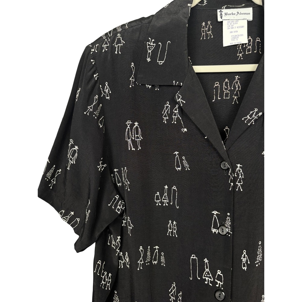 Burke Avenue Vintage Blouse Womens 16 Stick Figure Novelty Print Rayon